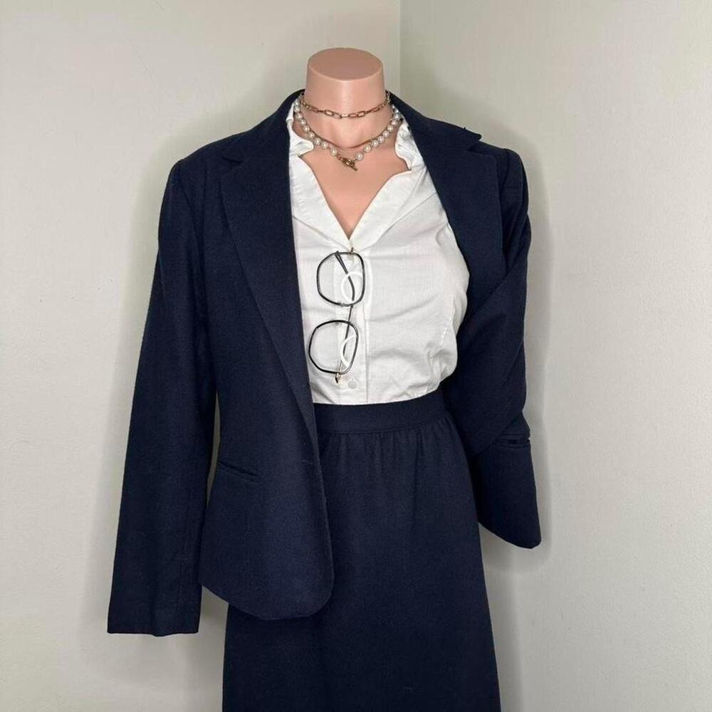 Size 12 Navy Wool Skirt Suit Womens Preppy Office Wear Business Work 2 Piece Set